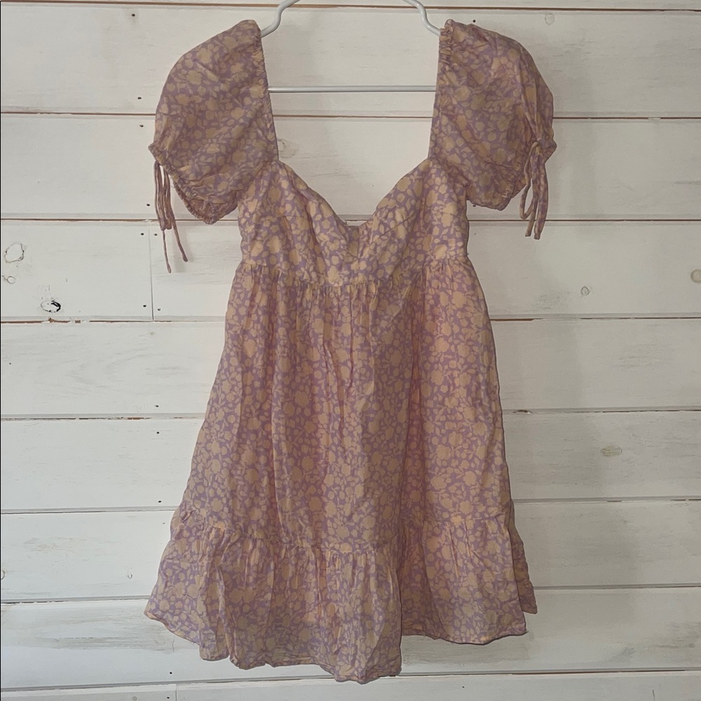 Floral Puff Sleeve Mini Dress in purple and orange